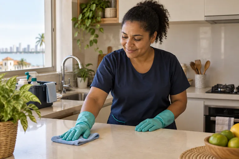 Profissional limpando a bancada de uma cozinha
