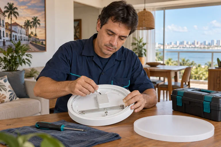 Eletricista preparando uma luminária para instalação