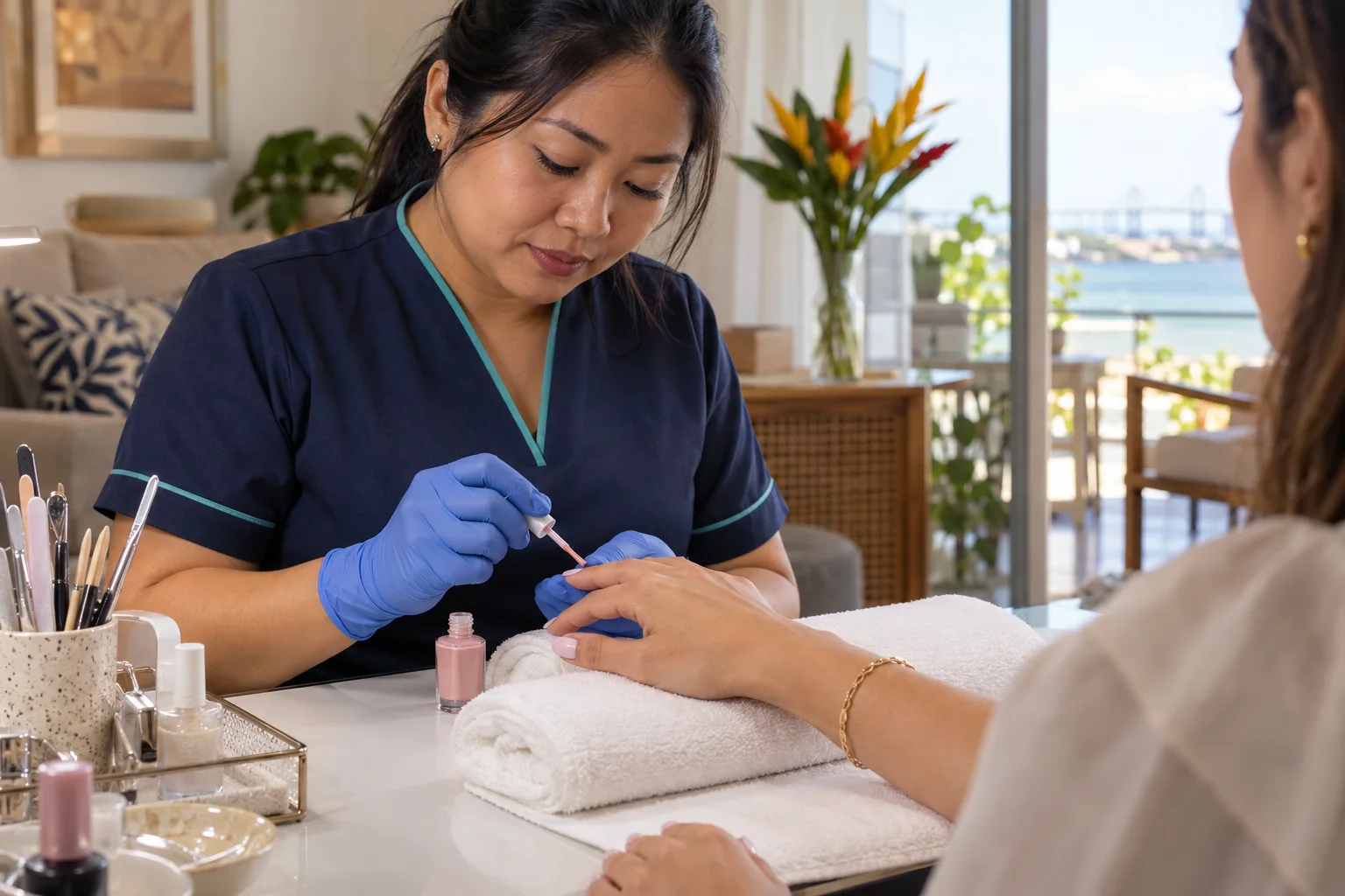 Profissional de manicure realizando um atendimento